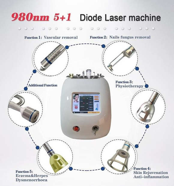 5 IN 1 Diode Laser Vascular Vein 980nm Skin Rejuvenation Spider Removal Physiotherapy