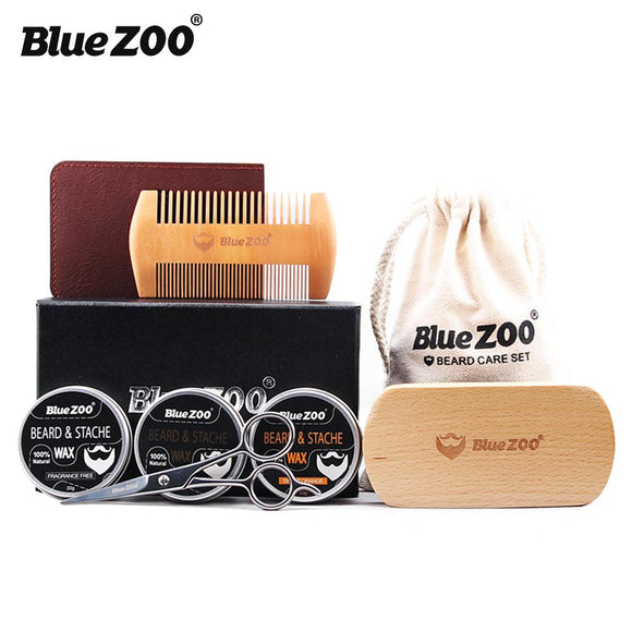 Bluezoo 8pcs/Kit Natural Organic Men's Beard Shaving Care Balm with Scissors Comb Bag Moisturizing 3*Beard wax 1*Brush